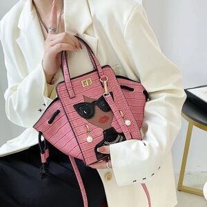 Pink SASSY CHIC LADY Bag with Face Design Adjustable size and crossbody handle